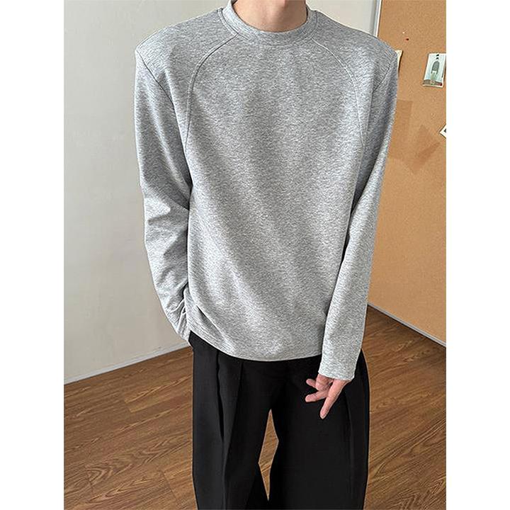 灰色解构拼接圆领长袖T恤男显肩宽小领口美式cleanfit内搭打底衫