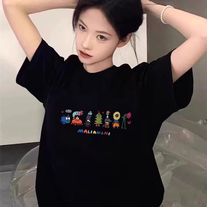 夏季新款纯棉美式小动物排队印花短袖t恤设计感宽松正肩半袖上衣