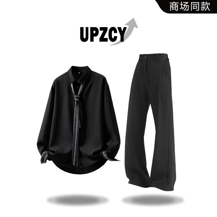 UPZCY美式长袖衬衫套装男士春秋潮流领带宽松高级感上衣垂感西裤
