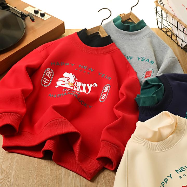 男童加绒卫衣马年儿童红色新年装中大童加厚保暖一体绒拜年服7016