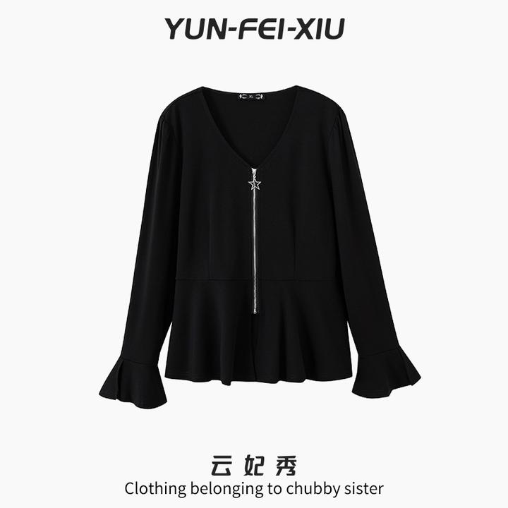 云妃秀大码女装衬衫V领日常叠穿时尚宽松显瘦遮肉胖妹妹秋季07112
