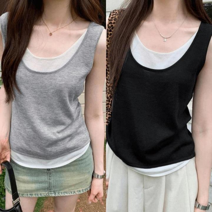 A工字假两件吊带背心女夏季2025新款大码宽松外穿内搭百搭无袖上