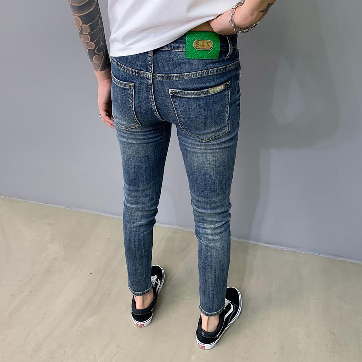 潮牌蓝色牛仔裤男士秋冬新款刺绣百搭韩版水洗做旧弹力显瘦长裤