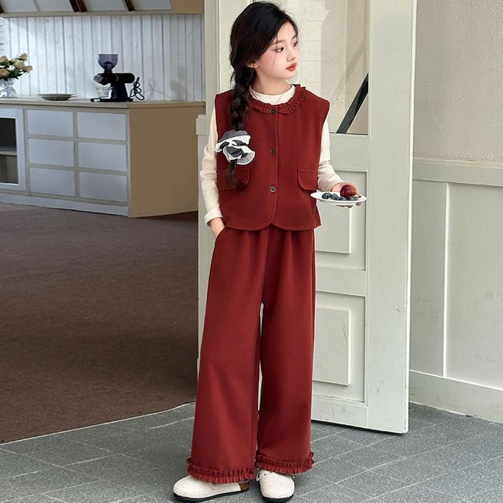 女童秋装韩版套装2025新款女孩洋气时髦马甲春秋打底中大童三件套