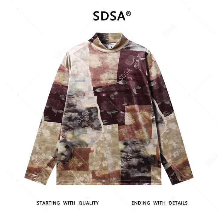 SDSA男士秋冬新款痞帅男装美式撞色植物花卉半高领长袖T恤百搭潮