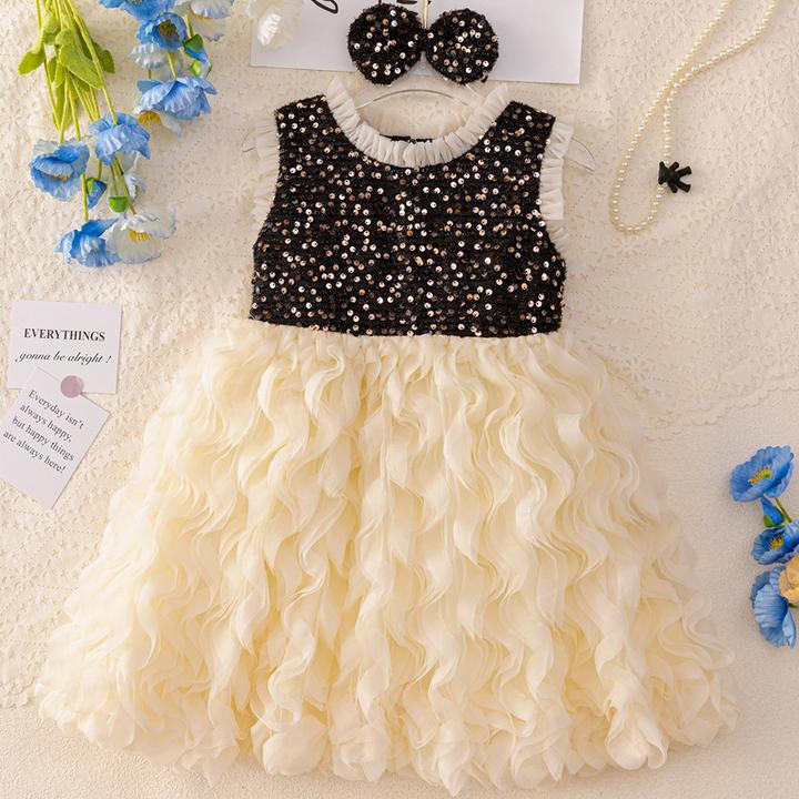 儿童2025夏季小香风连衣裙3-12岁女孩子网纱裙子背心波浪形裙摆