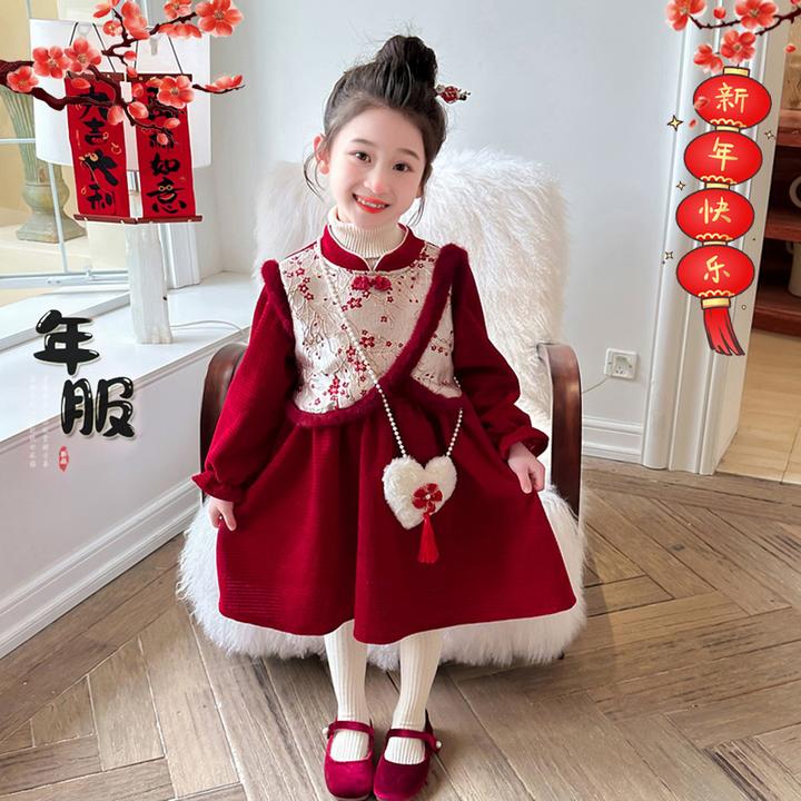 女童冬季新款裙子中国风加绒加厚儿童新年拜年服连衣裙宝宝过年穿