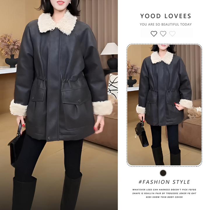 撞色拼接翻领加绒加厚短外套女2025冬季新款洋气质减龄收腰外套潮