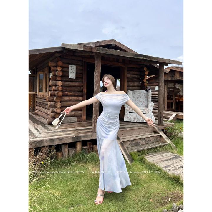 【雨后花园】温与柔辣妹修身收腰显瘦A字版薄纱一字领连衣裙