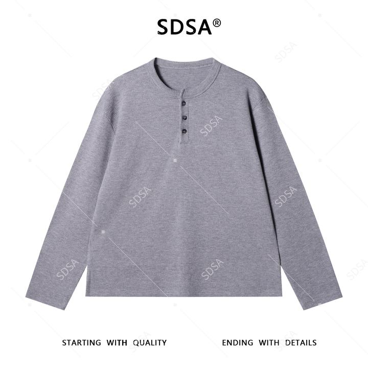 SDSA男士秋冬新款轻奢痞帅男装纯色简约半纽扣圆领长袖T恤老钱风
