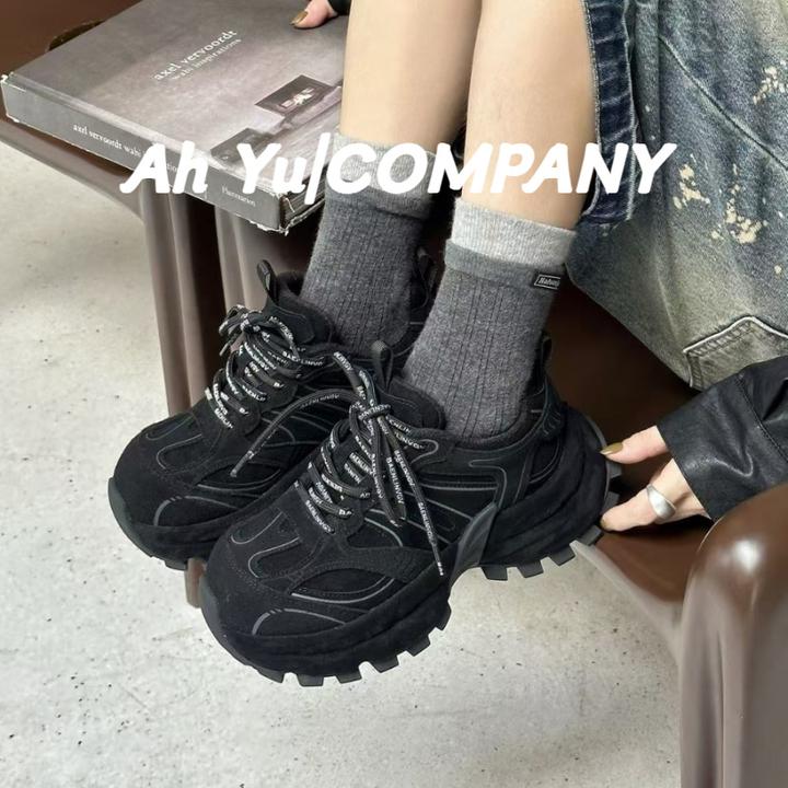 欧洲站圆头系带运动休闲鞋女秋季增高阿甘鞋复古真皮跑步鞋老爹鞋