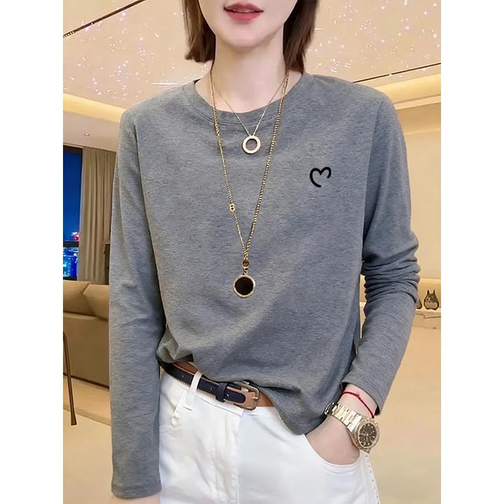 高级灰圆领正肩长袖T恤女春秋冬季新款纯棉内搭打底衫修身上衣潮