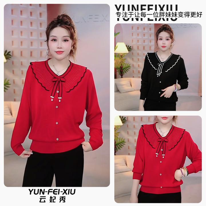 云妃秀大码女装针织衫拼接简约蝴蝶结胖宽松气质显瘦遮肉秋86805