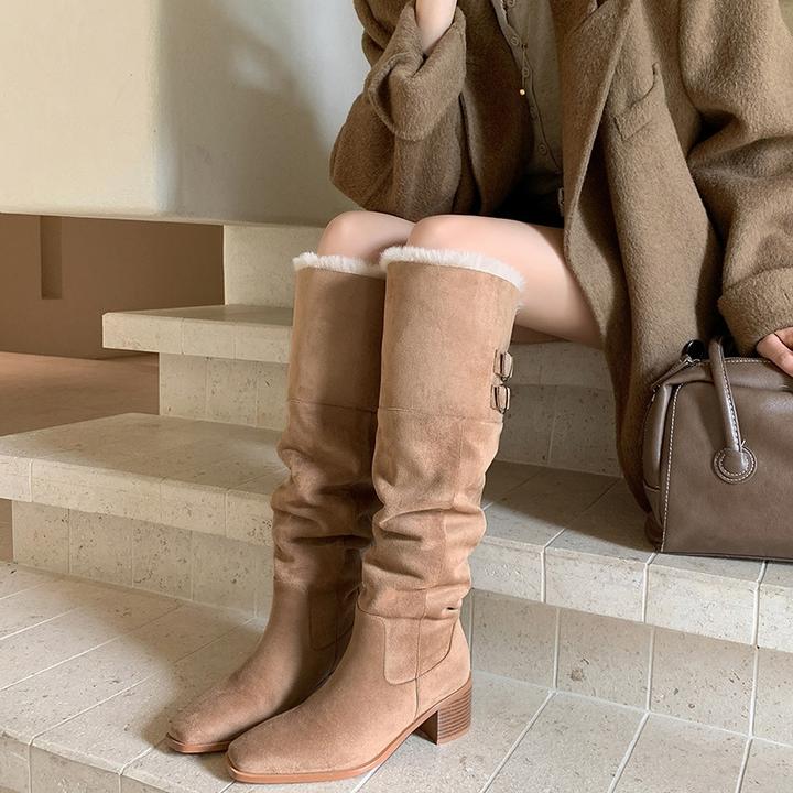 2025冬季新款加绒高筒时装靴子女粗跟百搭气质时尚高跟长筒过膝靴