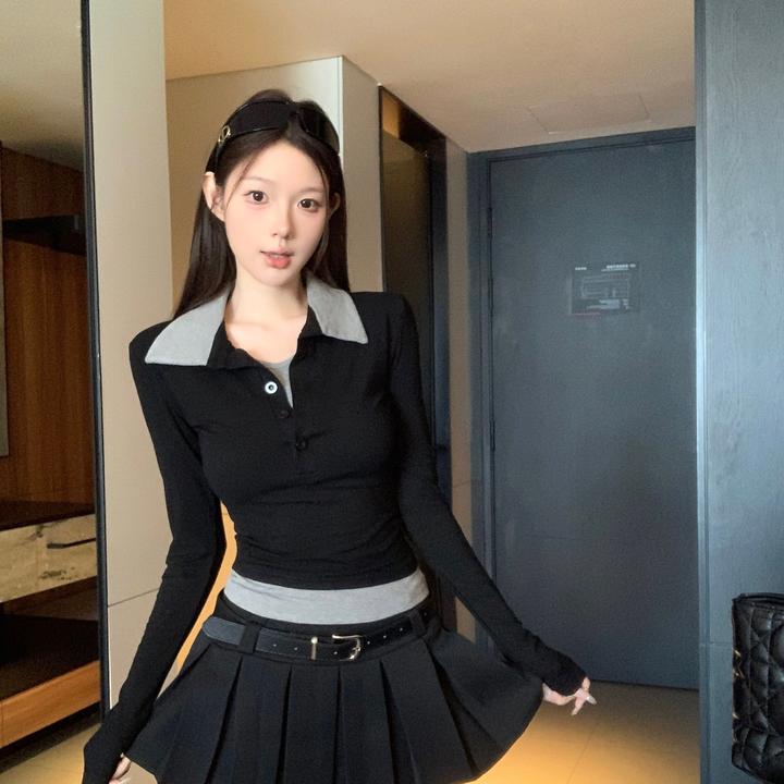 春秋款百搭老钱风女装长袖T恤韩版修身拼色辣妹ins时尚假两件上衣