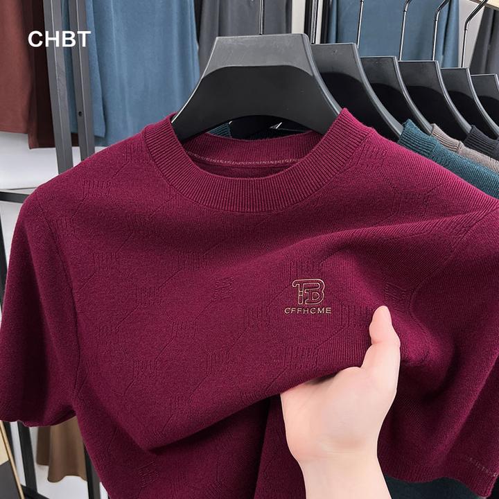 CHBT2025年秋季新款中年男士短袖针织半袖纯色上衣秋款长袖打底衫