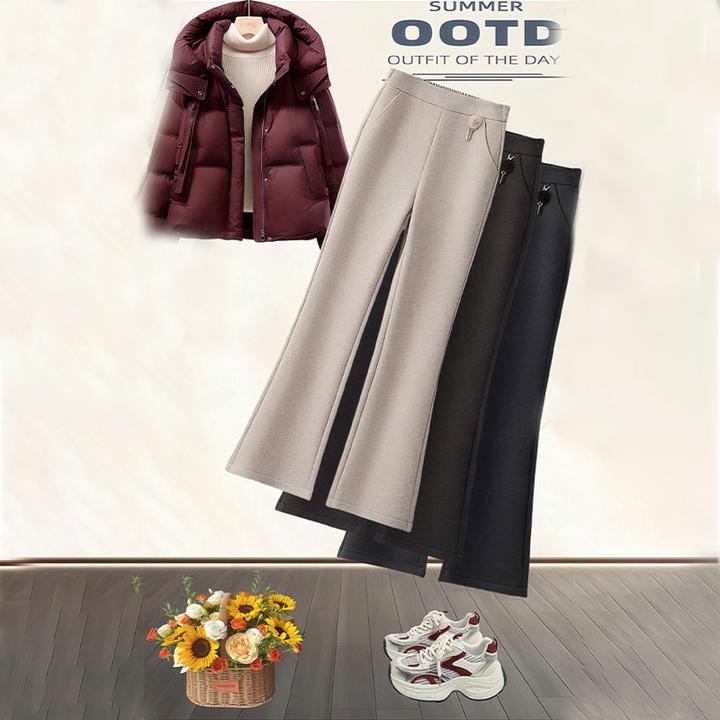 杏色醋酸羊毛微喇裤女2025年秋冬季新款松紧高腰羊毛呢休闲喇叭裤