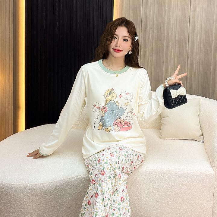 带胸垫保暖德绒睡衣女秋冬季长袖套装可爱卡通家居服2024年新款