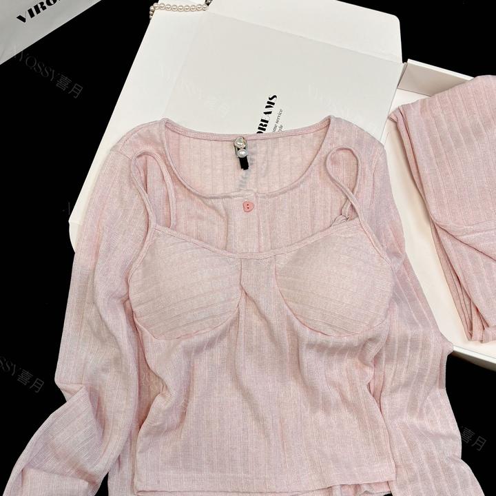 栗果春秋简约带胸垫睡衣女三件套装纯欲吊带休闲家居服长袖可外穿