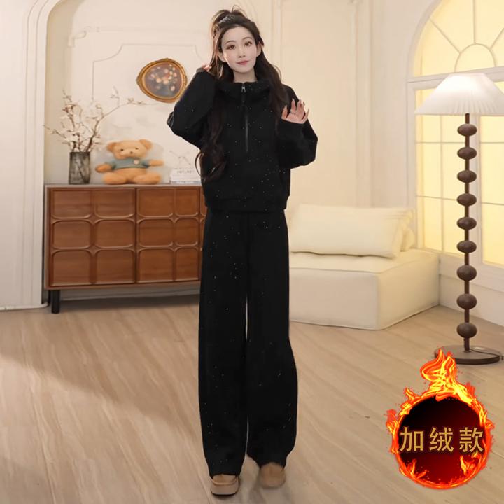 慵懒风时尚休闲套装女秋冬新款韩系连帽拉链外套阔腿长裤两件套潮