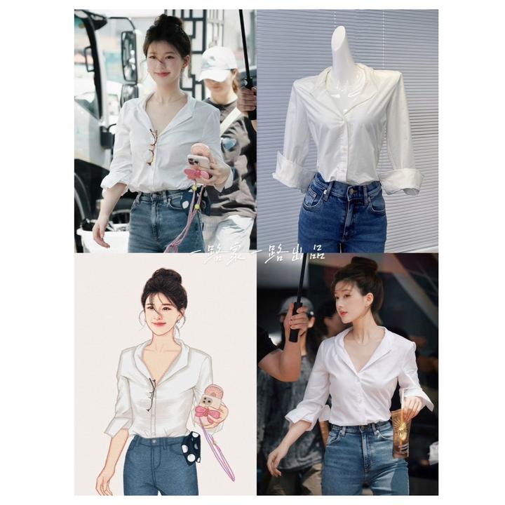 赵露思许我耀眼许妍同款白色v领别致衬衫宽松职场通勤长袖衬衣