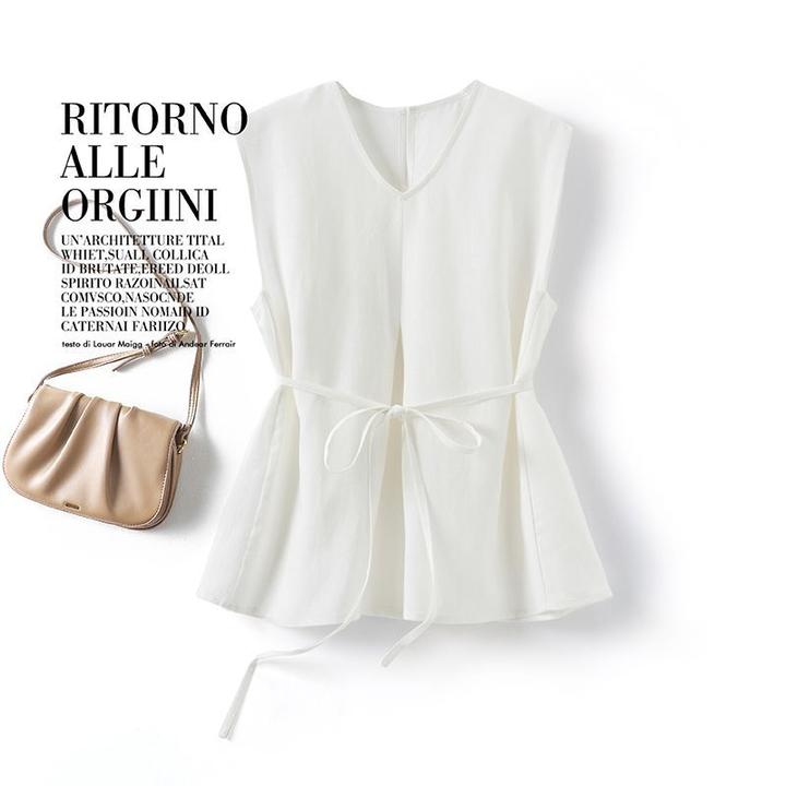 苏杭天丝2025夏新款短款马甲女宽松舒适系带V领显瘦背心坎肩外套