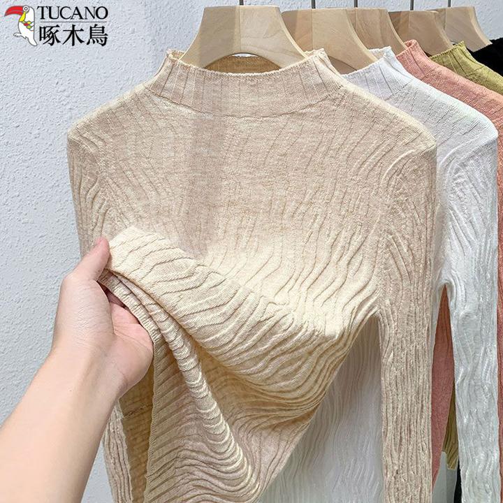 啄木鸟秋冬新款半高领毛衣女装修身显瘦针织衫百搭套头内搭打底衫