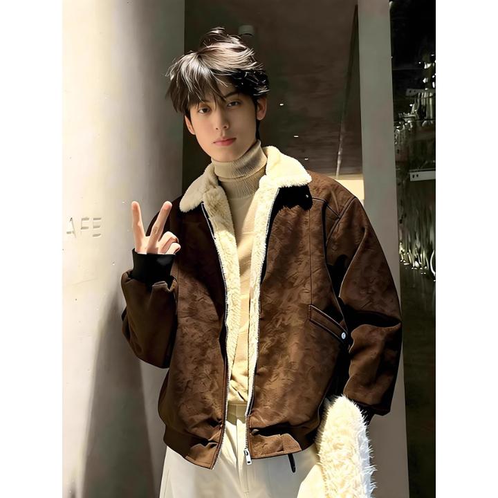 雾面扎染PU皮羊羔绒棉服男款冬季加绒保暖棉衣美拉德短款痞帅夹克