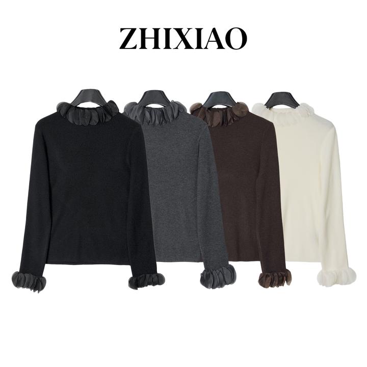 【ZHIXIAO】秋冬新款：花边拼接羊毛长袖上衣8950