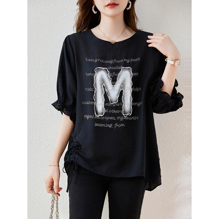 时尚休闲2025夏新大码洋气时尚小衫气质印花烫钻百搭圆领