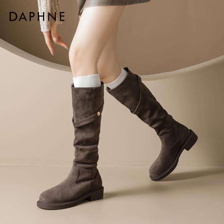 达芙妮复古美拉德风长靴女2025秋季新款长筒靴堆堆靴褶皱高筒靴女
