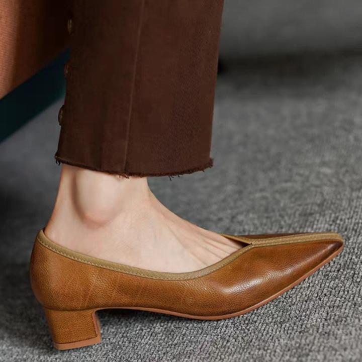 羊皮断码清仓法式复古尖头粗跟真皮单鞋女2025秋新款软底软皮跟鞋