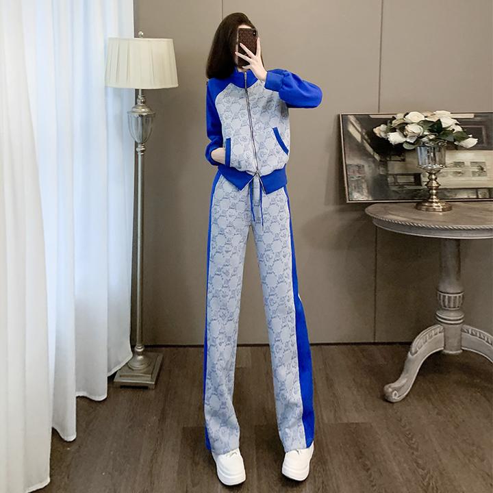 欧货炸街休闲运动套装女秋时髦洋气显瘦撞色卫衣阔腿裤两件套