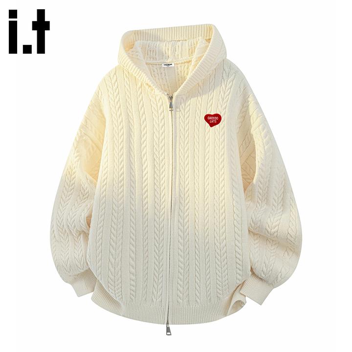 i.t:CHOCOOLATE华夫格保暖开衫针织连帽毛衣男士秋冬慵懒情侣外套