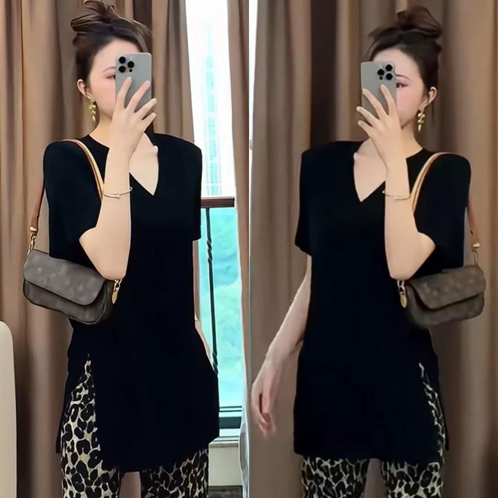 中长款v领开叉短袖t恤女2025新款爆款夏季薄款不规则独特别致上衣