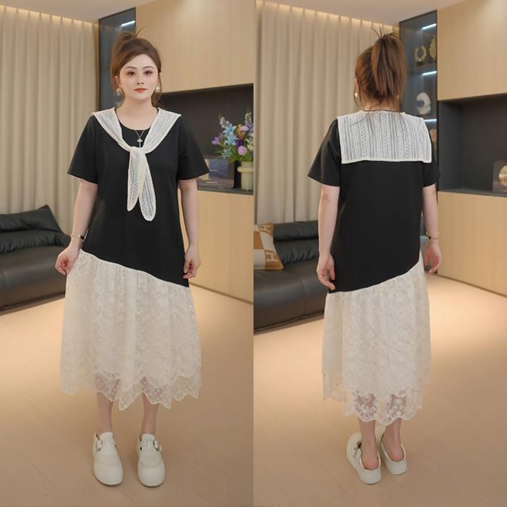 【胖佳佳】现货~蕾丝织梦 假两件短袖连衣裙海军领长裙H625Z05875