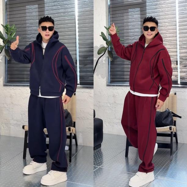 【加绒加厚】秋冬条纹撞色拼接休闲套装男高街感痞帅保暖卫衣卫裤