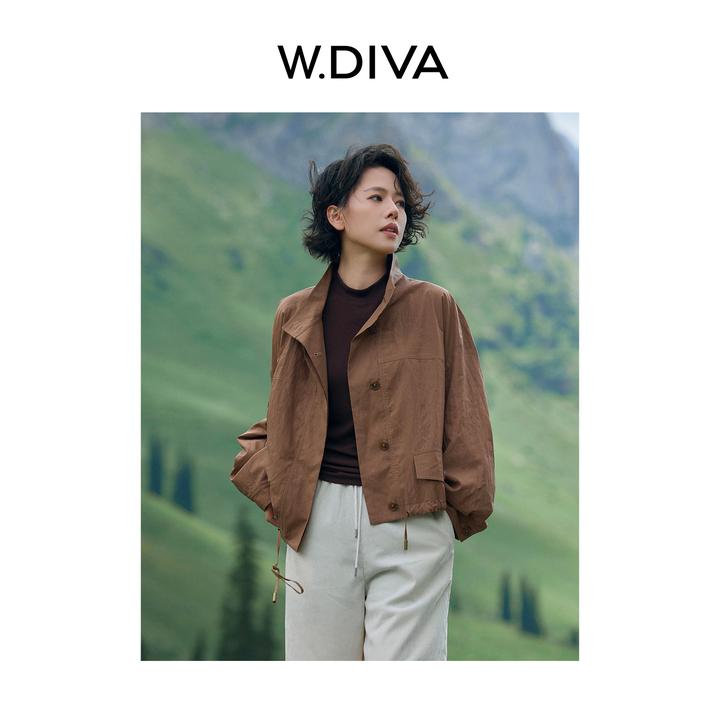 W.Diva【杏仁拿铁】户外休闲复古纽扣落肩立领夹克慵懒风53C032803