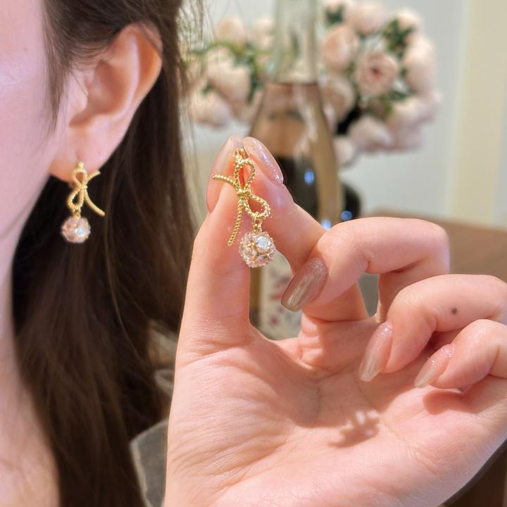 铜合金耳饰  【274】蝴蝶结少女可爱锆石珍珠花球超仙气耳钉耳环