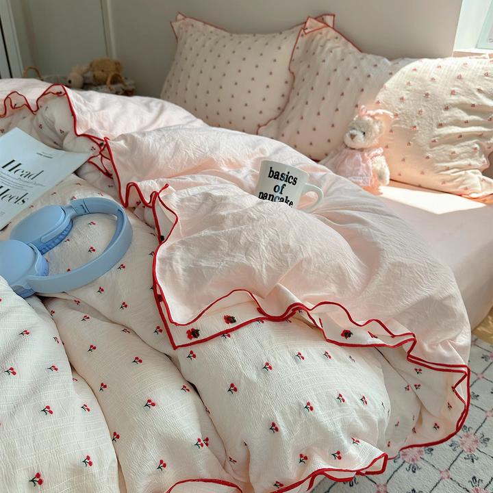 水洗棉提花小樱桃四件套韩系双层密拷花边被套床单学生宿舍三件套