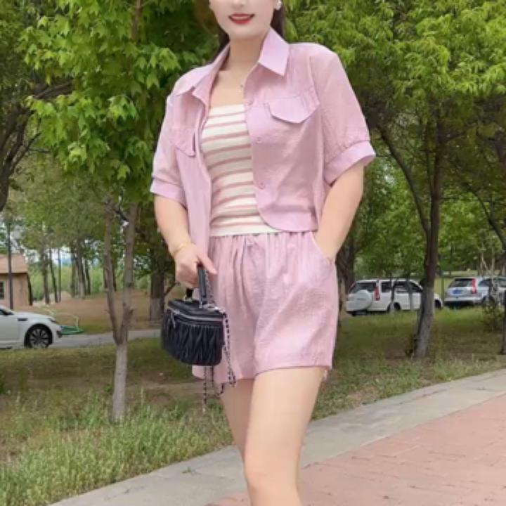 2025夏季新款时尚防晒衫上衣衬衫短裤洋气休闲套装女三件套
