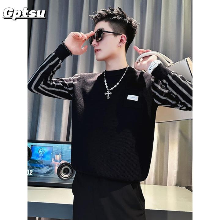 GPTSu秋冬帅气毛衣男假两件套系列服装新款内条纹加厚针织打底衫