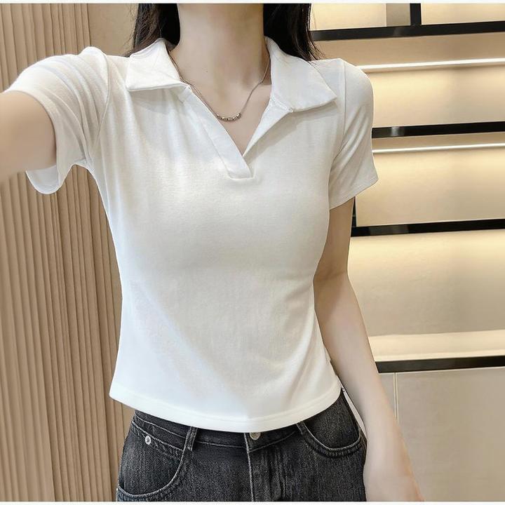 纯欲小众polo衫正肩短袖t恤女夏新款修身短款白色翻领v领上衣