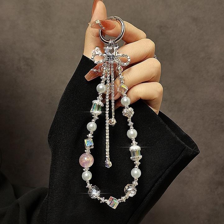 夏季款小清新水晶串珠手机链奢华闪钻蝴蝶结手机挂绳短款手提挂链