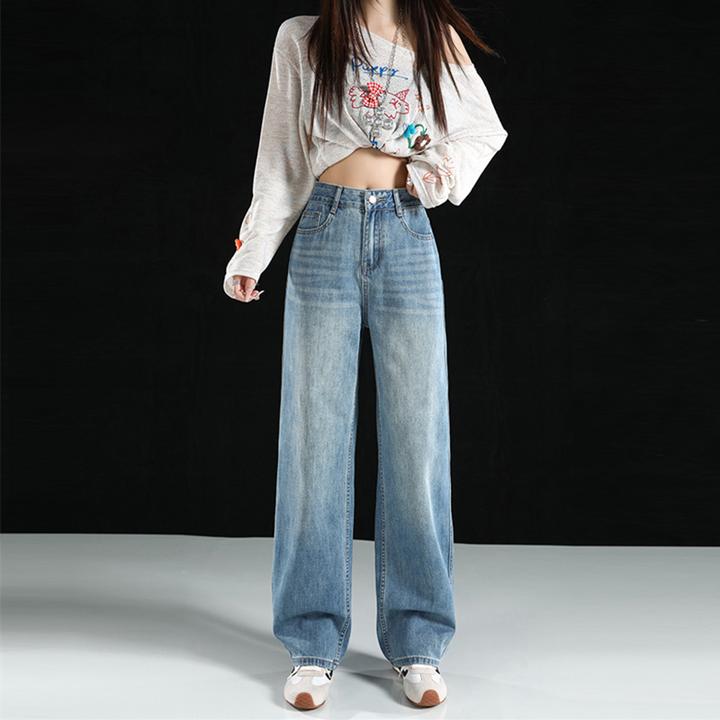 拉夏贝尔高腰窄版直筒牛仔裤女装秋装小个子裤子宽松百搭阔腿裤