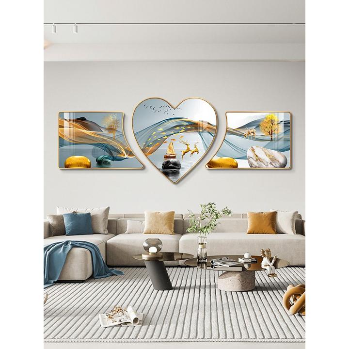 现代简约客厅装饰画沙发背景墙挂画卧室心形壁画新中式轻奢三联画