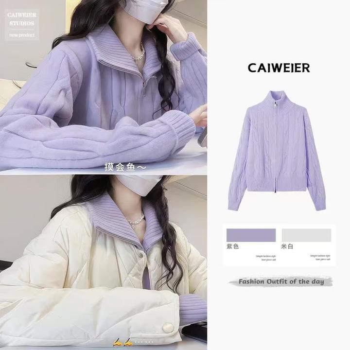 香芋紫麻花拉链半高领毛衣外套女2025新款冬季穿搭加厚多巴胺上衣