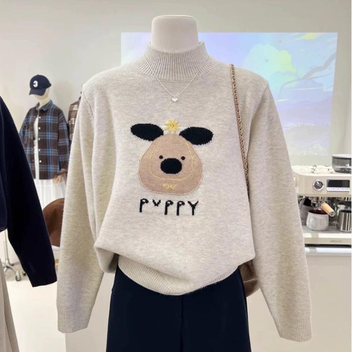 【80-180斤】提花小熊半高领针织衫上衣女秋冬时尚减龄大码打底毛衣