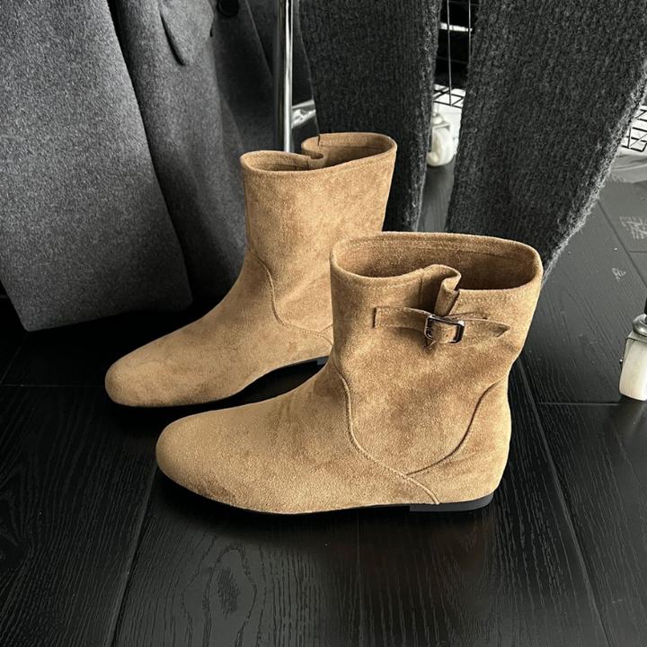 韩版复古文艺风搭扣短靴女2025秋季新款时尚轻便休闲瘦瘦靴