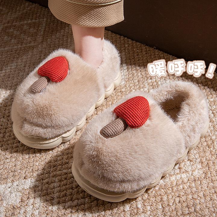 踩屎感棉拖鞋女款冬季2025新款卡通蘑菇室内加绒保暖厚底情侣棉拖